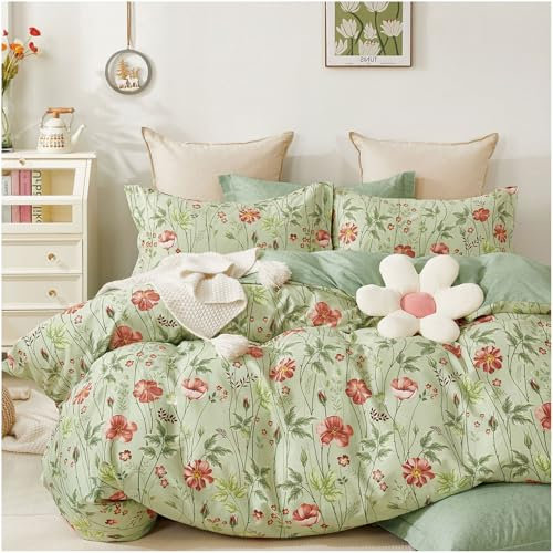 KEAYOO Bettwäsche 135x200 cm mit roten Blumen auf Grünem Hintergrund – 100% Baumwolle für Komfort 135x200 Bettbezug und 80x80 Kissenbezug (Romantisch, 135 x 200 cm)