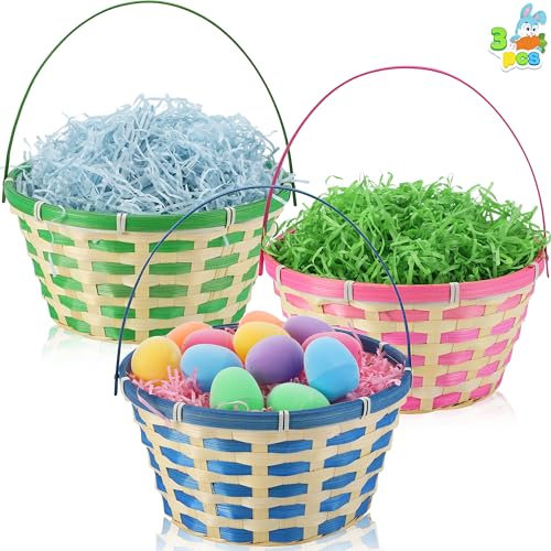 JOYIN Gewebte Osterkörbe mit Griff für Ostereiersuche, Kinderpartyzubehör, Füllung mit Süßigkeiten-Partygeschenken (grün, blau, rosa), 3 Stück