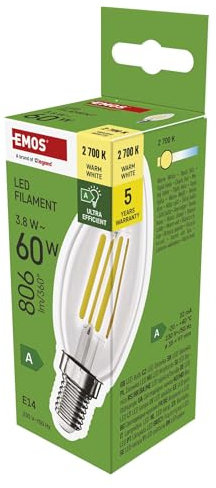 EMOS LED Lampe Edison Candle, 3,8W Ersatz für 60W Glühbirne, A Klasse Vintage-Birne E14 Sockel, Helligkeit 806 lm, Warmweiß 2700 K, extra Lange Lebensdauer 50000h, CRI min. 80, 360° Abstrahlwinkel