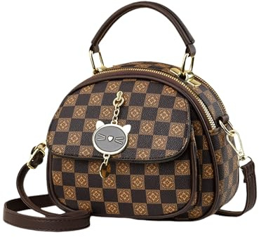 NICOLE & DORIS Small Handbags Women Cute Crossbody Bag Bowling Bag Plaid Handbag PU Leather Multi Pocket Shoulder Bags Messenger Bag Satchel Bag with Cat Pendant