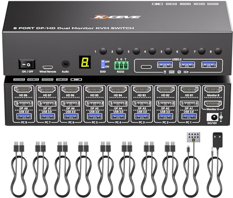 8 Puertos KVM Switch 2 Monitores 8 PC 4K@60Hz Simulación EDID,HDMI Displayport Conmutador KVM con 4 Puertos USB 3.0, Audio, RS232, con Control Remoto Cableado, Adaptador de 12V y 8 Cables USB