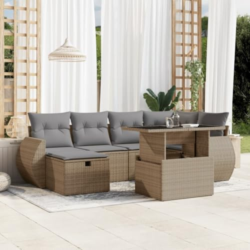 Bucmath 7-TLG. Garten-Sofagarnitur, Beige Poly Rattan Lounge Set mit verstellbarem Tisch, Glasplatte, UV-beständig für Terrasse, Balkon, Außenbereich