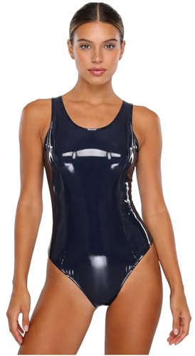 Freebily Damen Pu Leder Body Wetlook Catsuit Glitzer Bikini Lack Leder Schwimmanzug Einteiler Dessous Party Clubwear