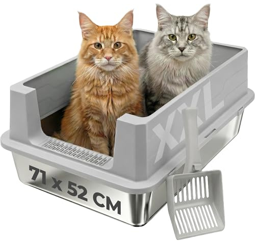 Katzenklo Edelstahl XXL Groß – Katzentoilette Edelstahl für große Katzen & 2 Katzen – XXL Katzenklo für Maine Coon – Hoher Rand, Auslaufsicher, Geruchsresistent – Mit Schaufel – 71x52x30