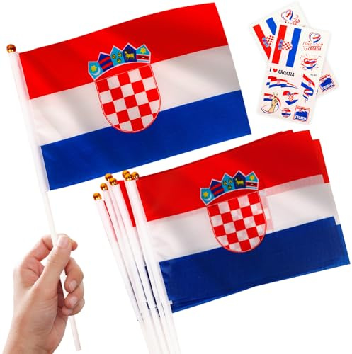 10x Kroatien Handflagge Mini Flagge am Stiel 2 Tattoos | Kroatische Handfahnen Party Deko für Europäische Fußball Nations League 2026 Tag der Staatlichkeit Parade Deko