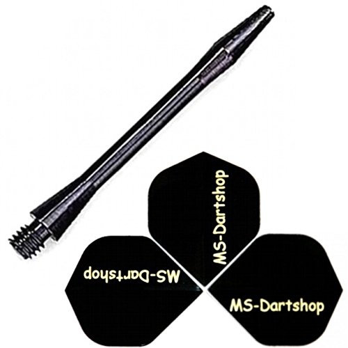 MS-DARTSHOP Alu Schäfte, Medium L2=47mm, (5 Satz = 15 Stück), Schwarz, Incl. 1 Satz MS-DARTSHOP Flights