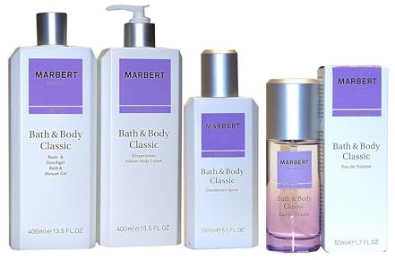 Marbert CLASSIC Pflegeset: Bade & Duschgel 400 ml + Körperlotion 400 ml + Deodorant Spray 150 ml + Eau de Toilette Spray 50 ml