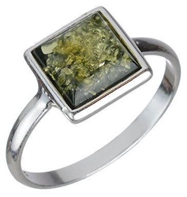 HolidayGiftShops Ring aus Sterlingsilber und baltischem grünem Bernstein, klein, quadratisch, für Erwachsene 20