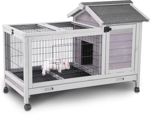 Aivituvin Rabbit Cage Indoor for 1-2 Bunnies, 6.6ft² Wooden Outdoor Rabbit Hutch, Small Bunny House, Guinea Pig Cage with Leakproof Pull Out Tray, 4 Wheels and Removable Wire Floor Grid