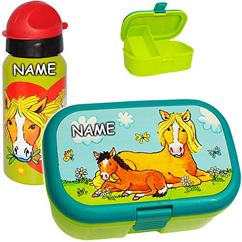 alles-meine.de GmbH 2 TLG. Set Lunchbox/Brotdose & Trinkflasche - Pferde & Pony - inkl. Name - BPA frei - mit extra Einsatz/herausnehmbaren Fach - Brotbüchse Küche Esse..