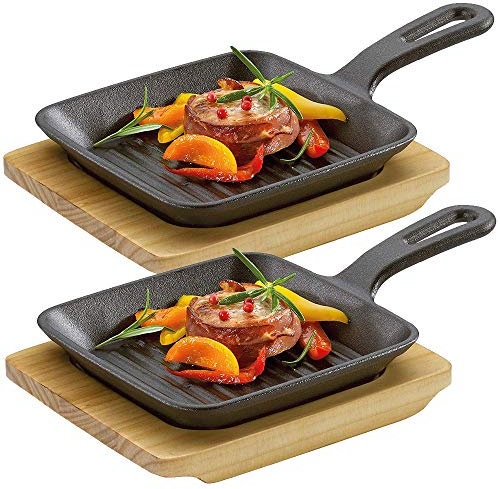 Culinaris Küchenprofi - Gusseisen BBQ Grillpfanne Servierpfanne mit Holzbrett (Grill-/Servierpfanne, 2 Stück)