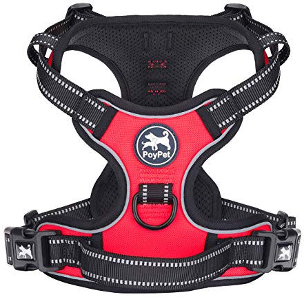 PoyPet Anti-Zieh-Geschirr für Hunde, reflektierend, mit 2 Leinenbefestigungen und einfachem Griff für kleine, mittelgroße und große Hunde (Rot, Größe S)