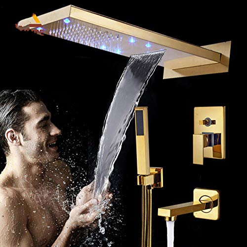 Wieoc Golden Led Parete incassato Doccia Set di rubinetti rubinetti cascata cascata doccia testa 3 vie funzione singolo manico miscelatore