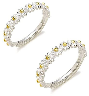 2 Stk Gänseblümchen Ring, Gänseblümchen Band Silber Damen Ring, Fingerringgeschenk für Frauen, Fingerringgeschenk für Frauen, Mode-einfaches, Stapelbares Daumenfinger-Ring-Hochzeitsschmuckgeschenk
