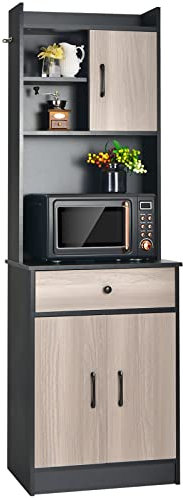 COSTWAY Mueble Cocina con 3 Puertas y Despensa, Almacén Cocina con Cajón, Hoyo para Cables, Repisas Regulables, Amplio Espacio Abierto para Microondas (Negro, ‎40 x 60 x 180 cm)