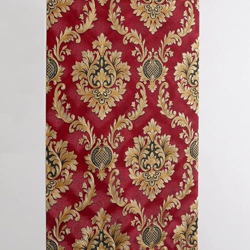 9.5X0.53M 6 Colors Luxury Gold Damask Waterproof Embossed Textured PVC Wallpaper Murals Roll for Bedroom Livingroom 1.73' W x 31.2' L=5.035㎡ (54sq.ft) (Red)