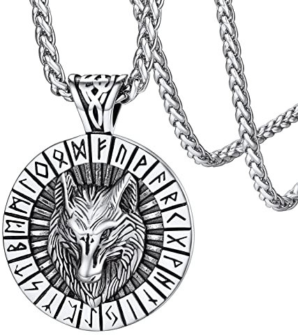 FaithHeart Edelstahl Vikinger Stil Wolfkopf Anhänger mit Rune Symbol Punk Vintage Wolfkopf Halskette mit Rune Wikinger Amulett für Freunden Ehemann