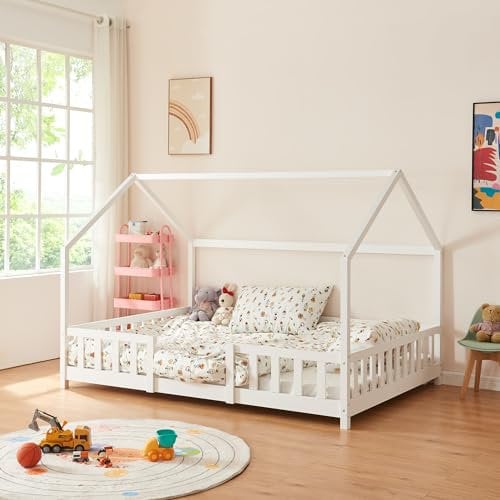 [en.casa] Kinderbett Sisimiut mit Matratze 120 x 200 cm Hausbett Montessori mit Rausfallschutz Holzbett für Kinder Bodenbett Lattenrost Kiefernholz Weiß