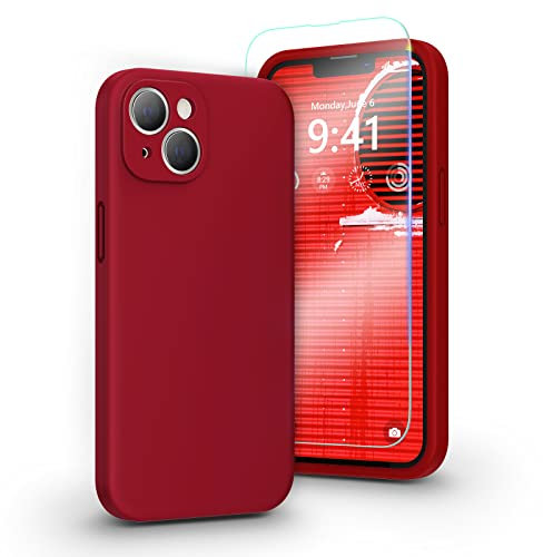 pcgaga Liquid Silicone Case for iPhone 14 Plus with Screen Protector [Camera Protection] [Microfiber Lining] Slim Shockproof Protective Phone Cover, 6.7 Inch, Red