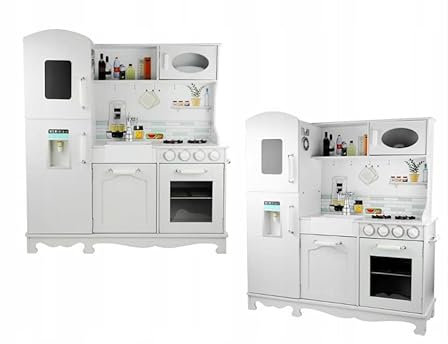 COIL Cuisine en bois, cuisine avec accessoires, réfrigérateur, four, micro-ondes, ustensiles de cuisine, cuisine pour enfants, blanc, à partir de 3 ans