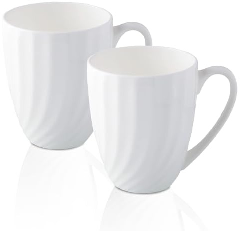 COSTMANCE Fine Bone China White Coffee Mugs Set of 2 (12 oz) | Ceramic Spiral Pattern Tea Cups, Thin China Coffee Cups, Lightweight, For Hot Chocolate, Latte, Cappuccino