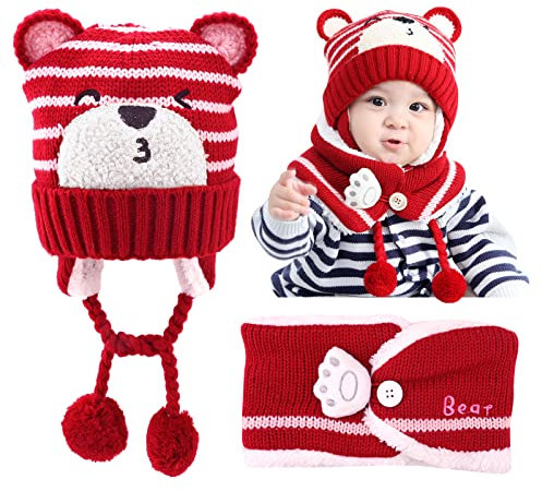 GLAITC Baby Mütze Winter 46-50cm Schlupfmütze Kinder mit Schal Fleecefutter Kindermütze Set Babymütze Winter Strickmütze Baby Ohrenklappe Beanie Mütze Kinder-strickmütze, für 6-24 Monate Unisex Baby