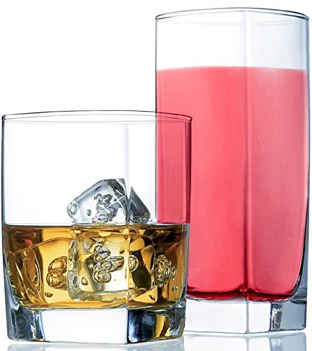 Juego de 8 vasos de cocina para cóctel, café helado, cerveza, té helado, vino, whisky, agua, 4 vasos altos de vidrio Highball y 4 cortos de estilo antiguo.