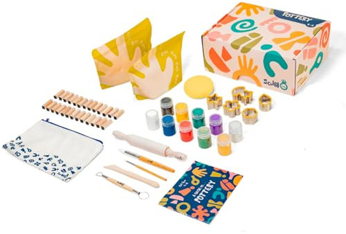 Sculpd Kids Pottery Kit, Air-Dry Clay Starter Kit for Kids Age 4 to 6, Air Dry Clay with 10 Colour Paint Set, Paintbrushes, Tool Set, Alphabet Stampers, Sponge and Step-by-Step Guide