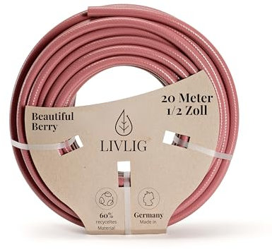 LIVLIG manguera jardín 20 metros, manguera de riego 13mm (1/2 pulgada) Made in Germany, manguera de agua de PVC reciclado, dimensionalmente estable, color: Rojo