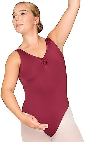 tanzmuster Ballett Trikot Damen breite Träger - Carolin - BH-Pad-Einschub - Cut-Out Rücken - geraffter Ausschnitt - burgunder 36 - roter Tanz Body - Ballettkleidung für Erwachsene
