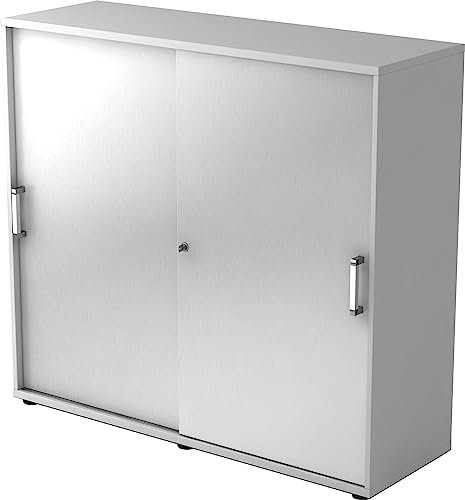 bümö Schiebetürenschrank 3OH - Aktenschrank abschließbar, Sideboard Schrank mit Schiebetüren in Grau/Silber - Büroschrank aus Holz mit Schiebetür, Büro Kommode für Ordner & Co.