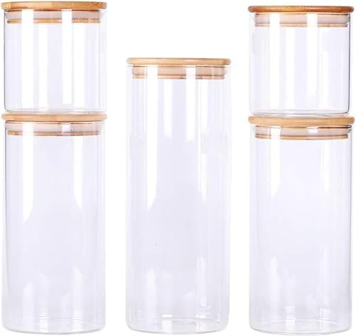 Airtight Glass Storage Jars with Bamboo Lids – Set of 5 Multi-Sized Kitchen Canisters for Pantry Organisation, Food Storage, Herbs, Pasta & More – Stylish, Durable & Gift-Ready