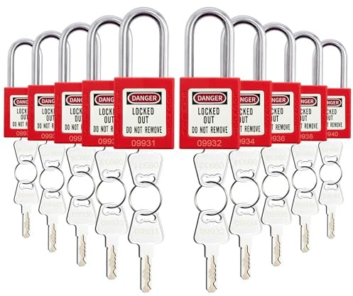 SATTRON 10 candados de seguridad rojos compatibles con OSHA, cerraduras Loto con llave diferente (2 llaves por cerradura) para estaciones de etiquetado de bloqueo