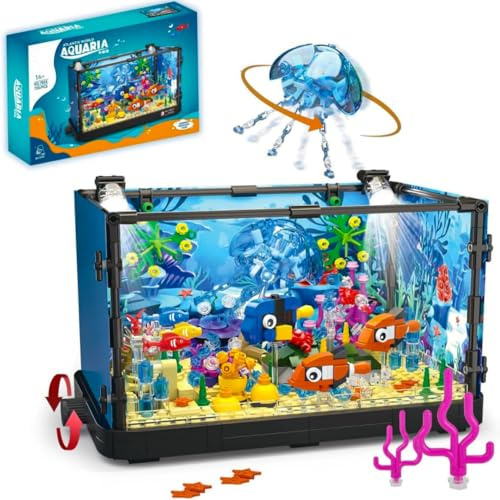 Pasyru Fish Tank Building Set, 725 Pcs Aquarium Jellyfish Building Set, Animal Marine Life Fish Tank Building Block Kit, Lighting Aquarium Toys Set, Creative Gifts for Teens Adults