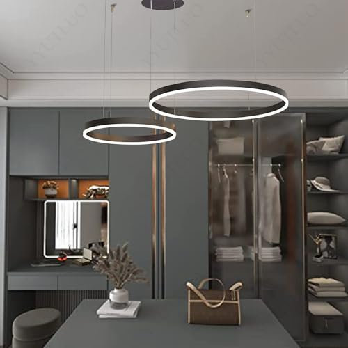 YYUTLUO Moderner DIY-Kreis-LED-Kronleuchter | 2 Schwarz Goldringe:40+60cm=40W | LED-Pendelleuchte aus Metall+Acryl | 2,4 G Dimmbare Fernbedienung | Runde Decken-Hängelampe Wohnzimmer Schlafzimmer