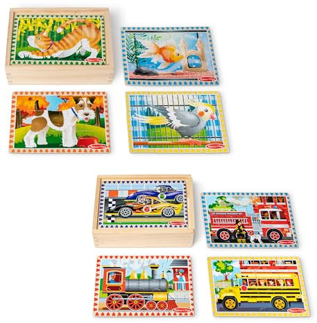Melissa & Doug Wooden Jigsaw Puzzles in a Box 2-Pack for Preschool Boys and Girls – Pets, Vehicles