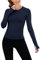 IECCP Long Sleeve Athletic Tops for Women Workout Compression Gym Fitted Running Shirt Seamless Yoga Tight Dark Blue M