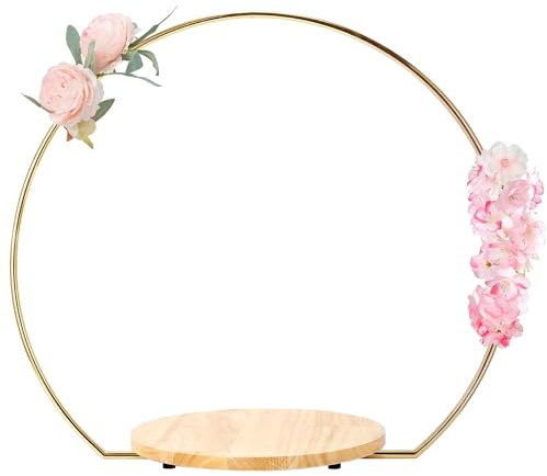 KJEC Metall-Kuchenständer mit Holzständer, goldfarbener runder Hochzeitskuchenständer, Hochzeitstortenständer, Tischbogen, Metallrahmen, Mittelstück für Hochzeit, Party, Empfang, Dekorationen