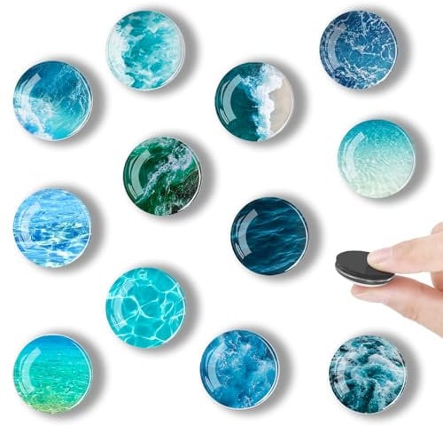 12 Pcs Fridge Magnets, Refrigerator Magnets, Ocean 3D Glass Magnets Notice Board Office Magnets Set, Decorative Magnets Round for Refrigerators, Whiteboard, Offices, Homes