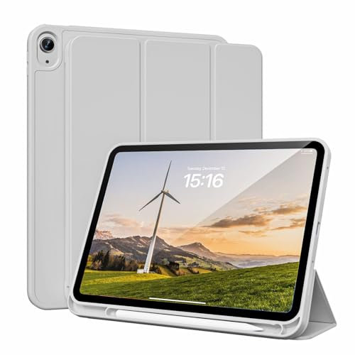 KVTVOU Hülle für iPad A16 2025 11. Generation/iPad 10. Generation 2022 10,9 Zoll mit Stifthalter, Dauerhaft PU Leder, Flexible TPU Rückseite, Fallfest Schutzhülle, Auto Wachen/Schlafen, Grau