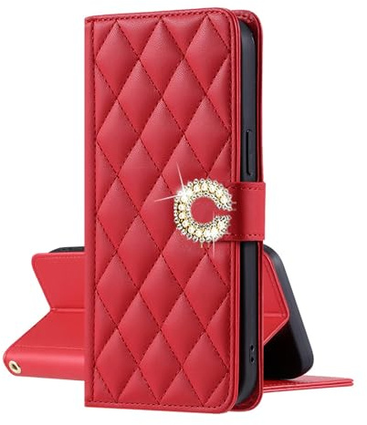 EuoDuo Kompatibel mit iPhone 7 Plus / 8 Plus Hülle zum Klappen PU Leder Handyhülle Glitzer Diamant Blumen Klapphülle Rautenmuster Schutzhülle Handytasche Mädchen Etui - Rot