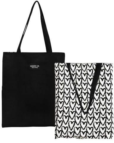 Lvjkes Doppelseitige Stoffbeutel, Baumwolltasche Handtasche Schulter Leinwand Umhängetasche, Einkaufsbeutel Recyclingtasche für Frauen, Kinder, Mädchen, 40cm x 36cm (Schwarzes Liebesherz)