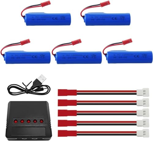 Lot de 5 batteries Li-ion 3,7 V 1200 mAh avec chargeur 5 en 1 pour bateau télécommandé HJ819 Huina 1337 1338 1516 1517