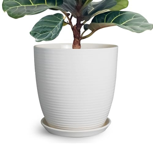 EPFamily 12 Inch Ceramic Planter Pot, Large Round Flower Pot with Drainage Hole and Saucer for Indoor Outdoor Plants, Matte White