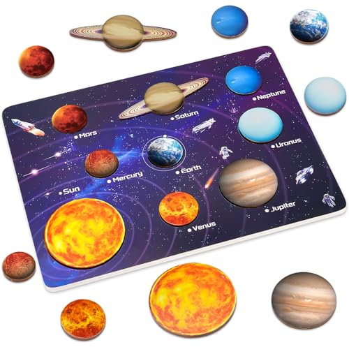Montessori Toys for 3 4 5 6 Year Old Boys Girls, Wooden Puzzles for 3+ Year Olds Kids Learning Resources Educational Toys for Toddler Boy Birthday Present Gift Age 3+ Solar System Space Planet Toys