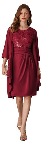 GRACE KARIN Formeller Damenanzug für Hochzeitsgäste Wickelkleid mit Pailletten + eleganter Chiffon-Cardigan Burgunderrot