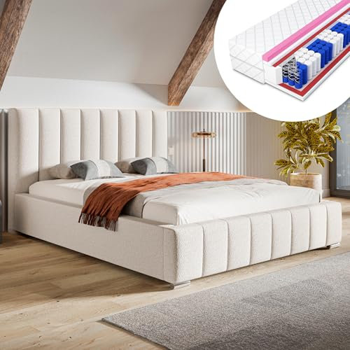 MOTIVENA Vigo Bett 140x200, Polsterbett 140x200, mit Bettkasten, mit Stauraum, mit Lattenrost, mit Kopfteil, Matratze H2/H3, Boucle, Weiß (Milch)