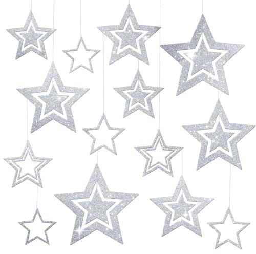 BETESSIN 14 Piezas Colgante Estrellas de Navidad, Estrella Papel Plateado Decoración Navidad, Colgante Árbol de Navidad Puertas Ventanas Decoración Hogar Fiesta de Navidad