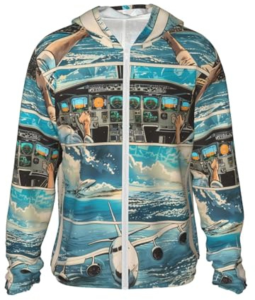 Kapuzenpullover mit Reißverschluss für Herren und Damen – Comic-Flugzeug-Cockpit-Illustration, mit Kapuze, Sonne, Langarm-Shirt für Herren und Damen, mit Taschen
