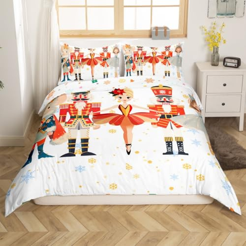 Loussiesd Frohe Weihnachten Bettwäsche Set 135x200cm Weihnachten Nussknacker Bettwäsche für Kinder Jungen Mädchen Weihnachten Winterurlaub Bettbezug Set Neujahr Thema Bettwäsche-Set Zimmer Dekor
